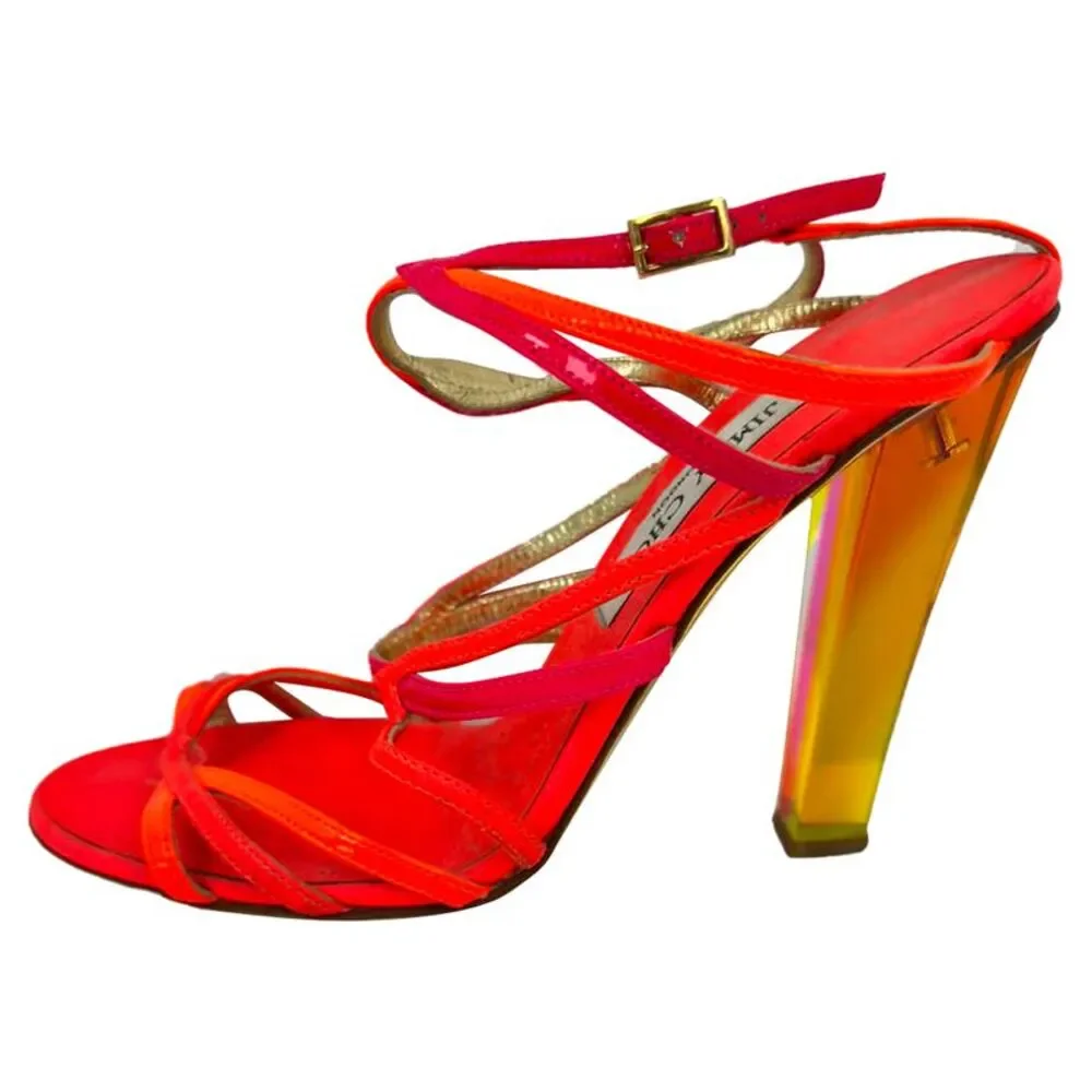 Jimmy Choo Strappy Sandal Heels in Neon Orange and Pink Leather